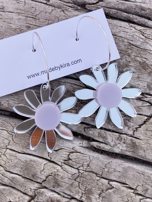 Daisy hoops- silver mirror with purple